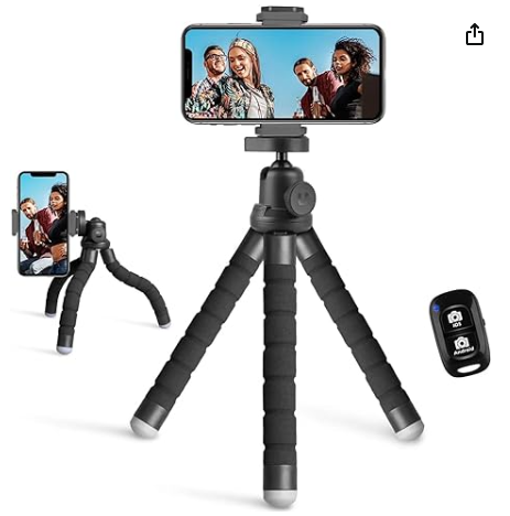 Phone Tripod, Portable and Flexible Tripod with Wireless Remote and Clip Photo/Recording
