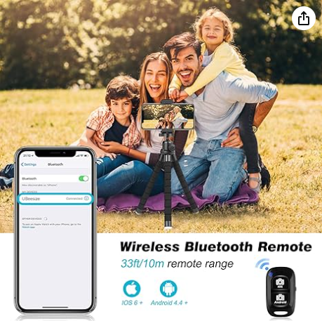 Phone Tripod, Portable and Flexible Tripod with Wireless Remote and Clip Photo/Recording