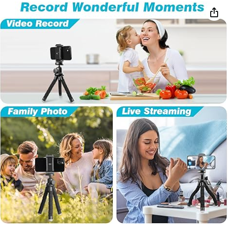 Phone Tripod, Portable and Flexible Tripod with Wireless Remote and Clip Photo/Recording
