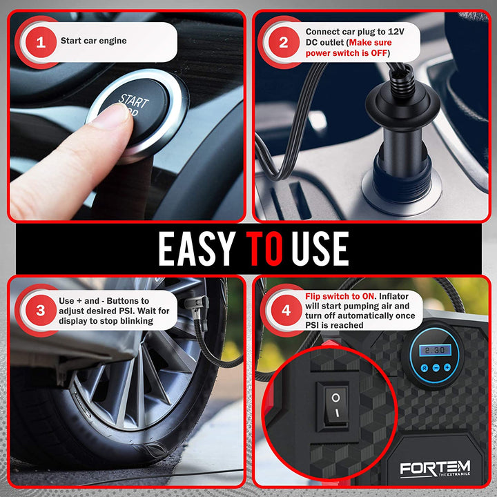 FORTEM Tire Inflator Portable Air Compressor 150 PSI 12V Electric Bike Pump for Car Tires and Bicycles w/LED Light
