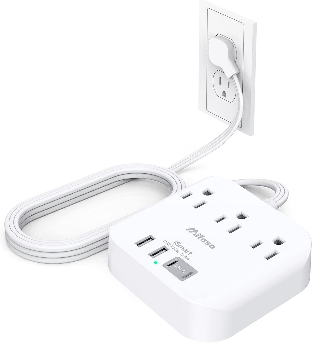 Flat Extension Cord, 5ft Ultra Flat Plug Power Strip - 3 Outlets 4 USB Ports (2 USB C