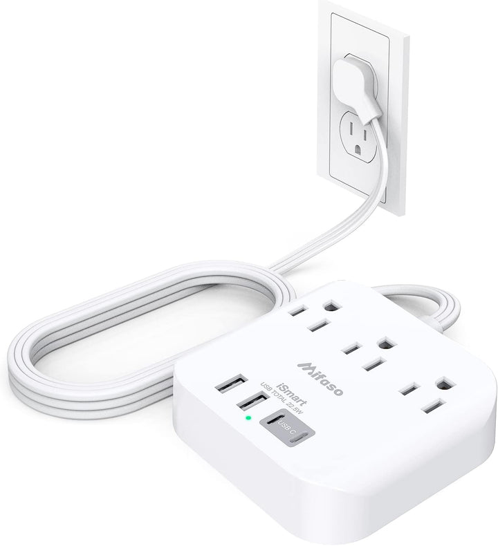 Flat Extension Cord, 5ft Ultra Flat Plug Power Strip - 3 Outlets 4 USB Ports (2 USB C