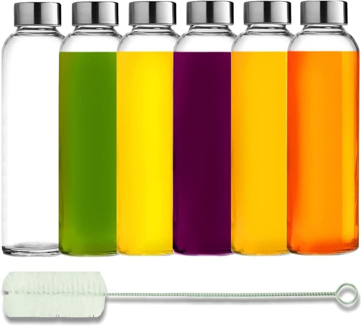 Glass Water Bottles With Caps Clear 6 Pack, 18 Oz, Leakproof Lids