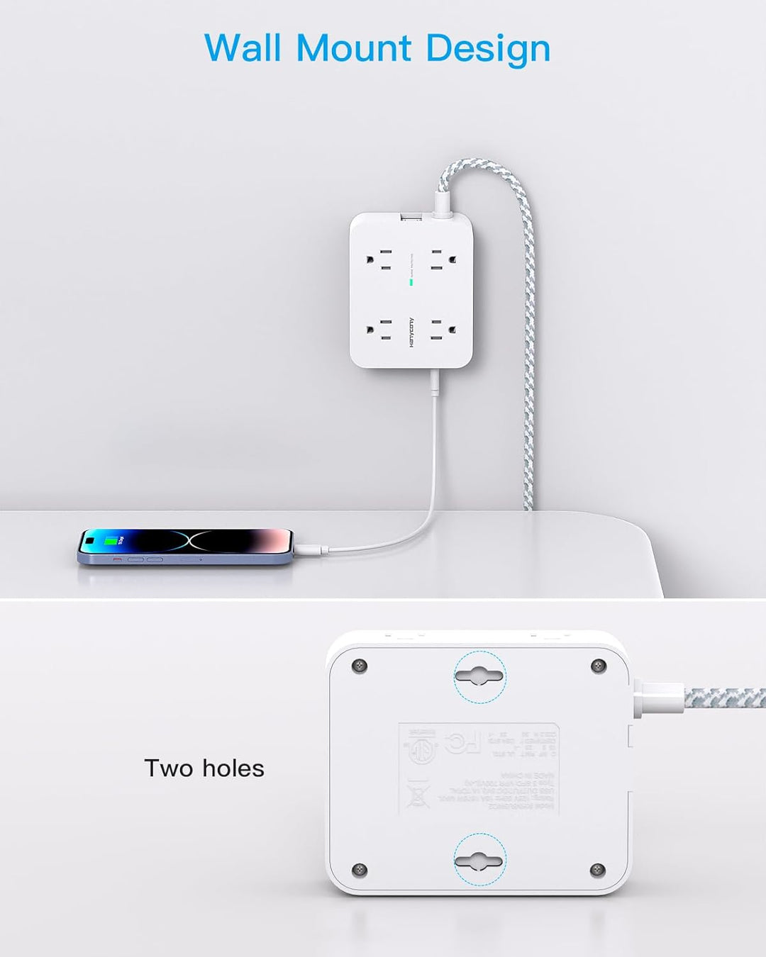 Surge Protector Power Strip - 8 Widely Outlets, 4 USB Charging Ports 5Ft Cord