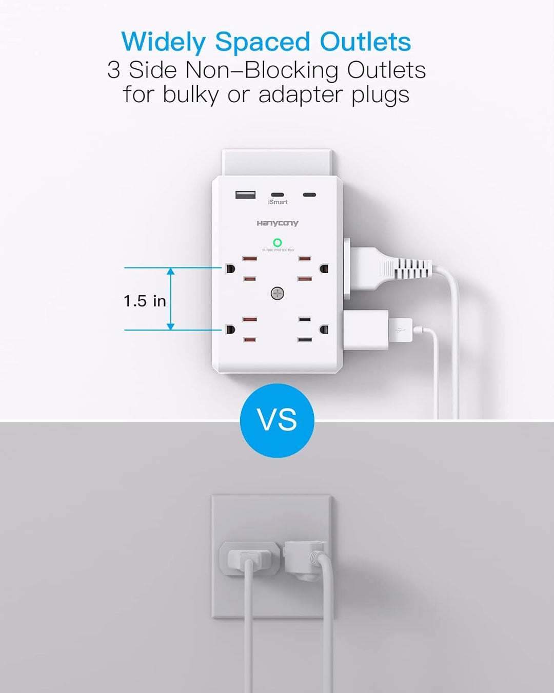 Multi Plug 8 Outlets 3 Sided 1-USB 2 USB-C Ports Extender Power Strip Surge