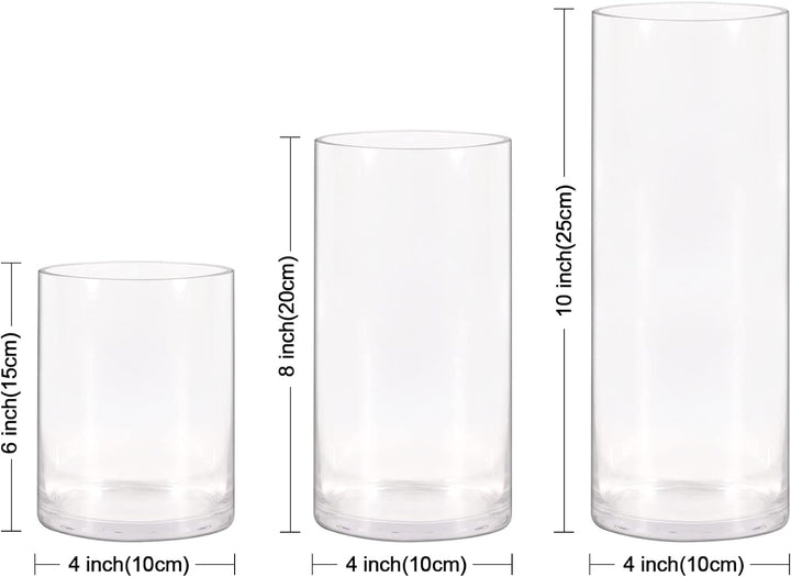 Set of 3 Glass Cylinder Vases 6", 8", 10", High Glass Vase for Centerpieces
