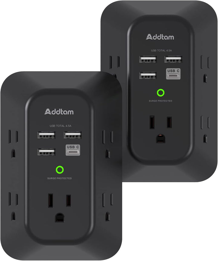 5 Multi-plug Outlet Extender with 4 USB Charging Ports (1 USB C), 3-Sided Power Strip 2pc