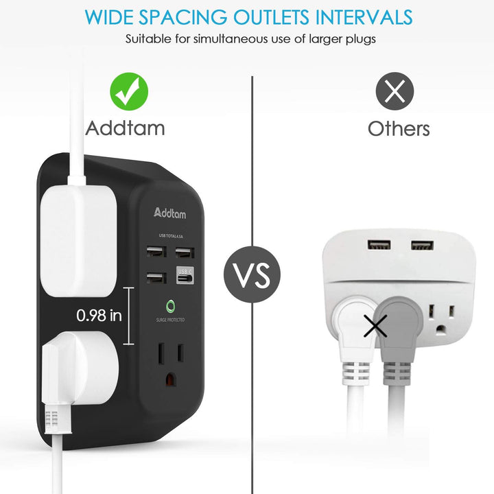 5 Multi-plug Outlet Extender with 4 USB Charging Ports (1 USB C), 3-Sided Power Strip 2pc
