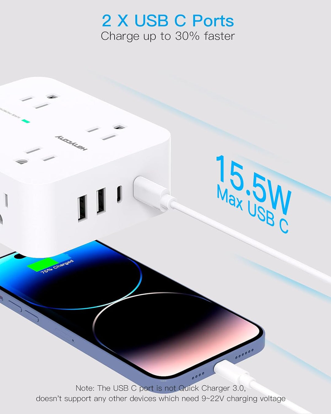 Surge Protector Power Strip - 8 Widely Outlets, 4 USB Charging Ports 5Ft Cord