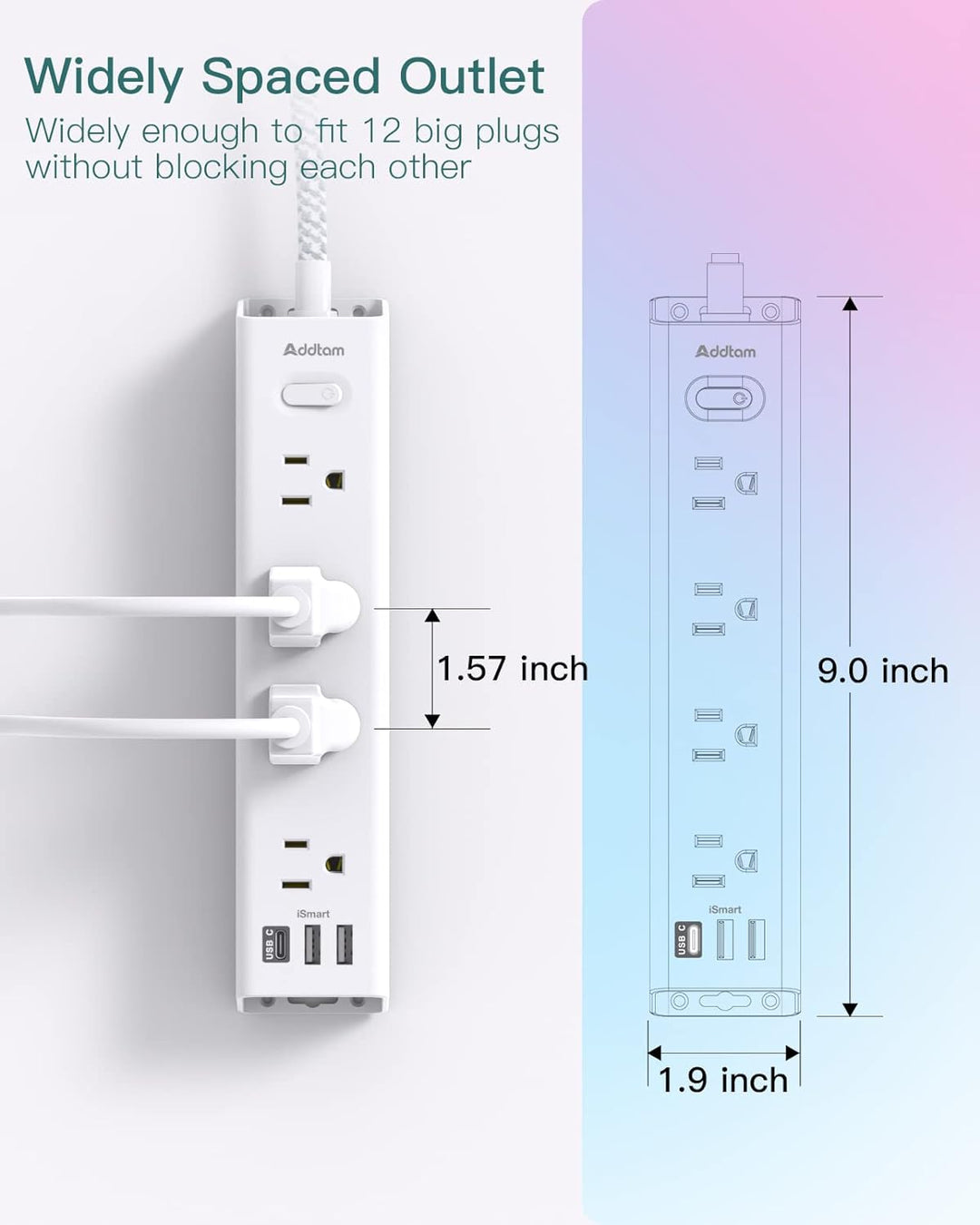 Overload Protector Flat Plug Power Strip 12 AC outlets 2USB 1 USBC 10FT