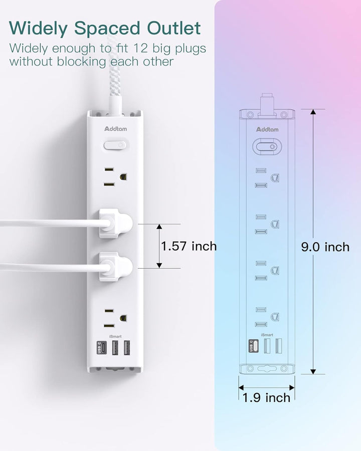 Overload Protector Flat Plug Power Strip 12 AC outlets 2USB 1 USBC 10FT