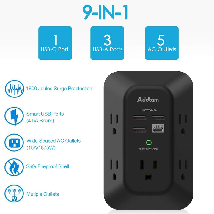 5 Multi-plug Outlet Extender with 4 USB Charging Ports (1 USB C), 3-Sided Power Strip 2pc