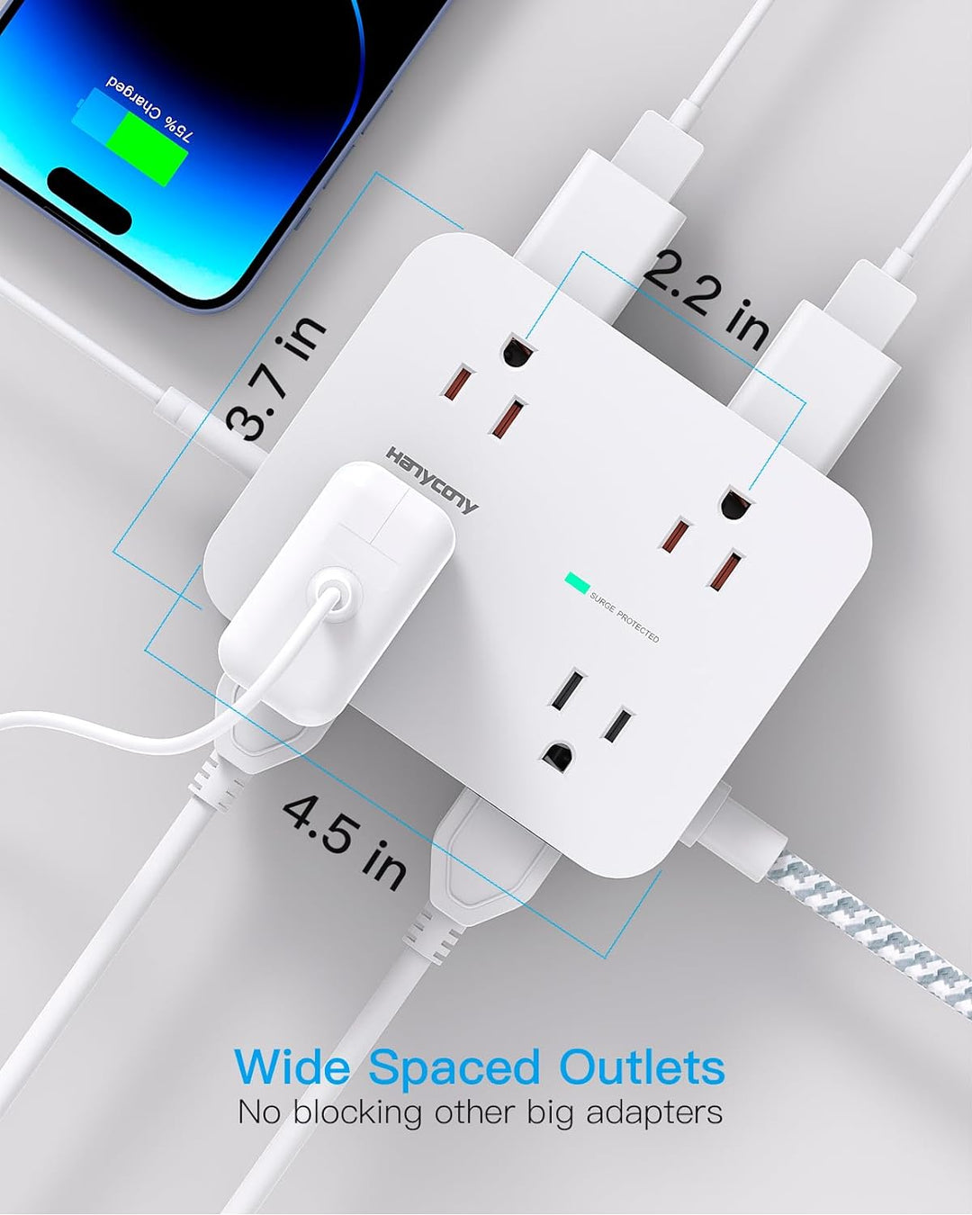 Surge Protector Power Strip - 8 Widely Outlets, 4 USB Charging Ports 5Ft Cord