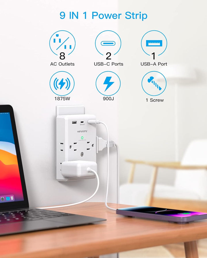 Multi Plug 8 Outlets 3 Sided 1-USB 2 USB-C Ports Extender Power Strip Surge