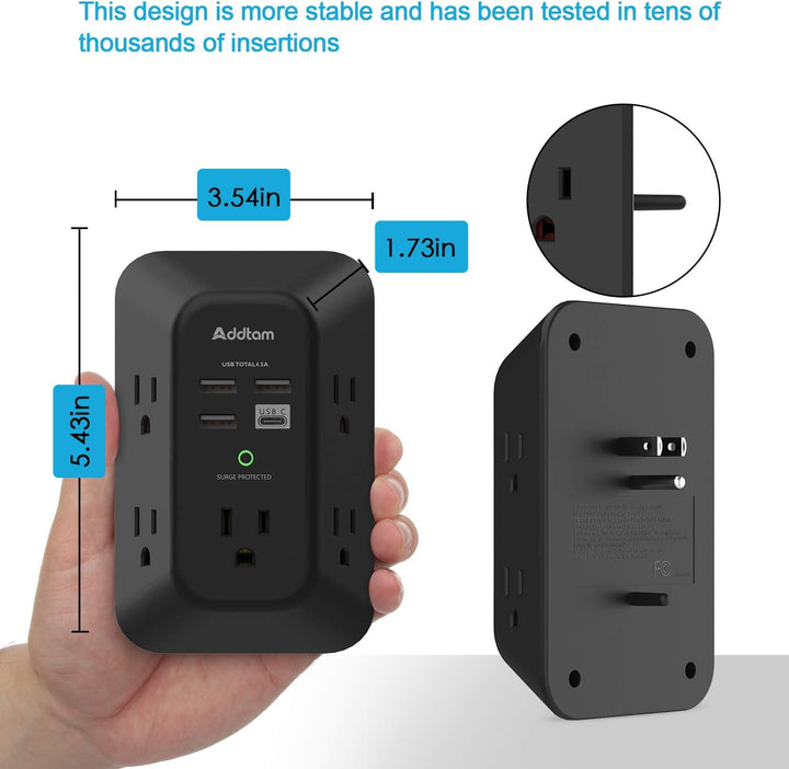 5 Multi-plug Outlet Extender with 4 USB Charging Ports (1 USB C), 3-Sided Power Strip 2pc