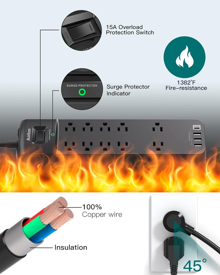 Surge Protector with 10 Outlets and 4 USB Ports, 6 Feet Extension w/ Flat Plug