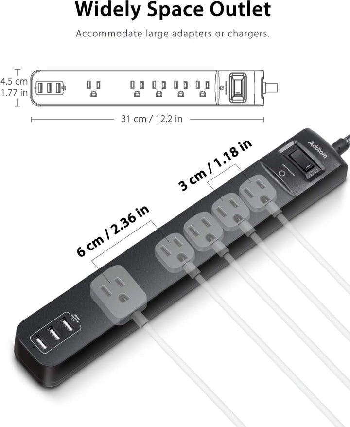 10 Ft Power Strip 5 Outlets 3 USB Ports Flat Plug Braided Extension Overload Surge Protection