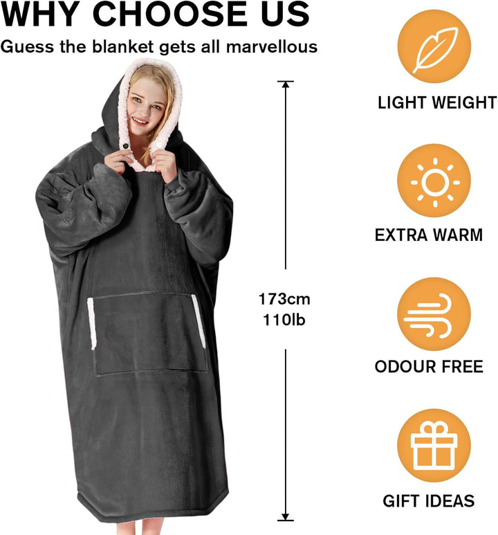 Oversized Blanket Hoodie - Long Length Wearable Sherpa Fleece Blanket Sweatshirt Hooded Blanket Sweatshirt