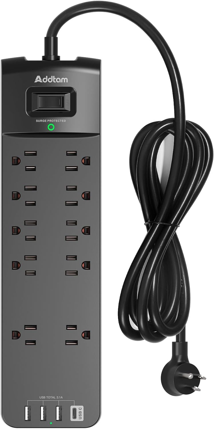 Surge Protector with 10 Outlets and 4 USB Ports, 6 Feet Extension w/ Flat Plug