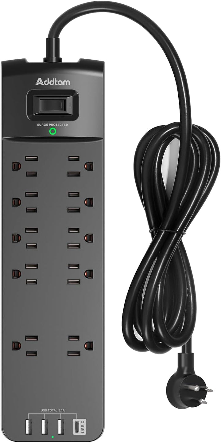 Surge Protector with 10 Outlets and 4 USB Ports, 6 Feet Extension w/ Flat Plug
