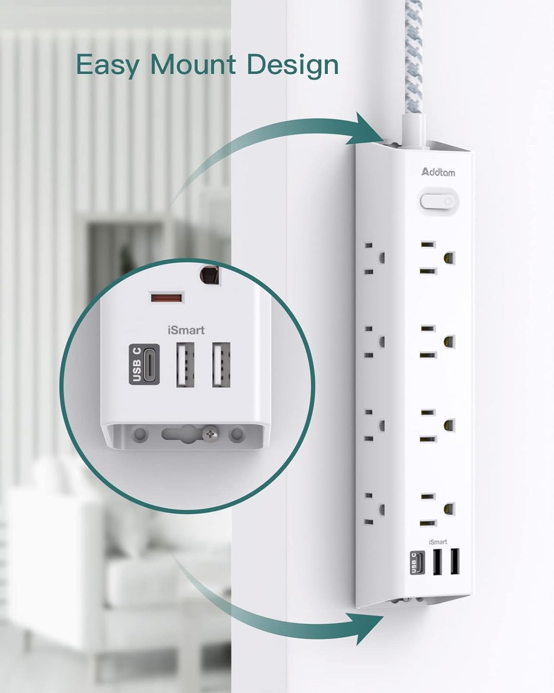 Overload Protector Flat Plug Power Strip 12 AC outlets 2USB 1 USBC 10FT