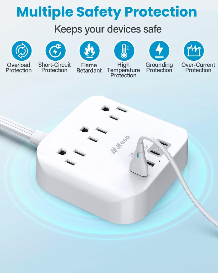 Flat Extension Cord, 5ft Ultra Flat Plug Power Strip - 3 Outlets 4 USB Ports (2 USB C