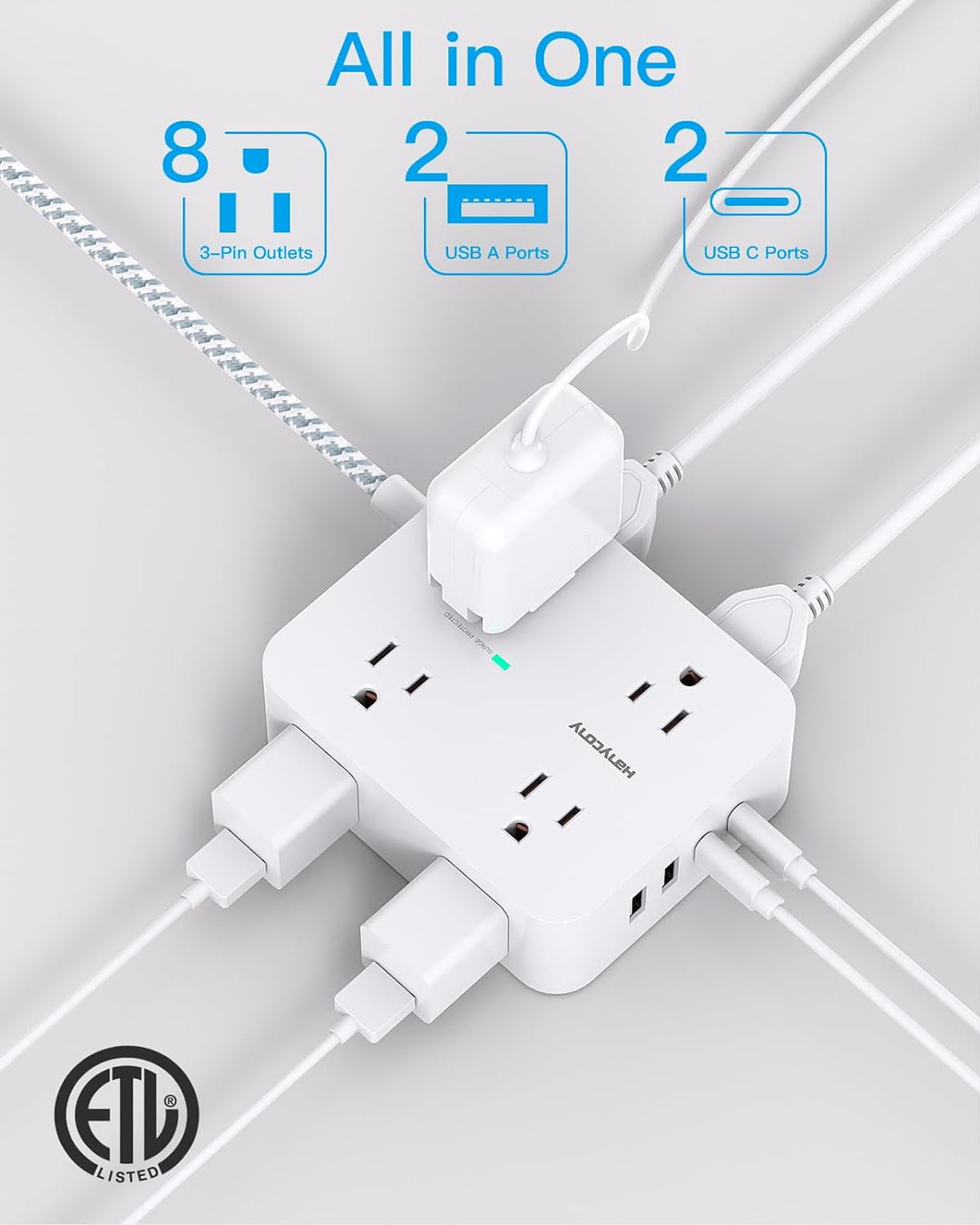 Surge Protector Power Strip - 8 Widely Outlets, 4 USB Charging Ports 5Ft Cord