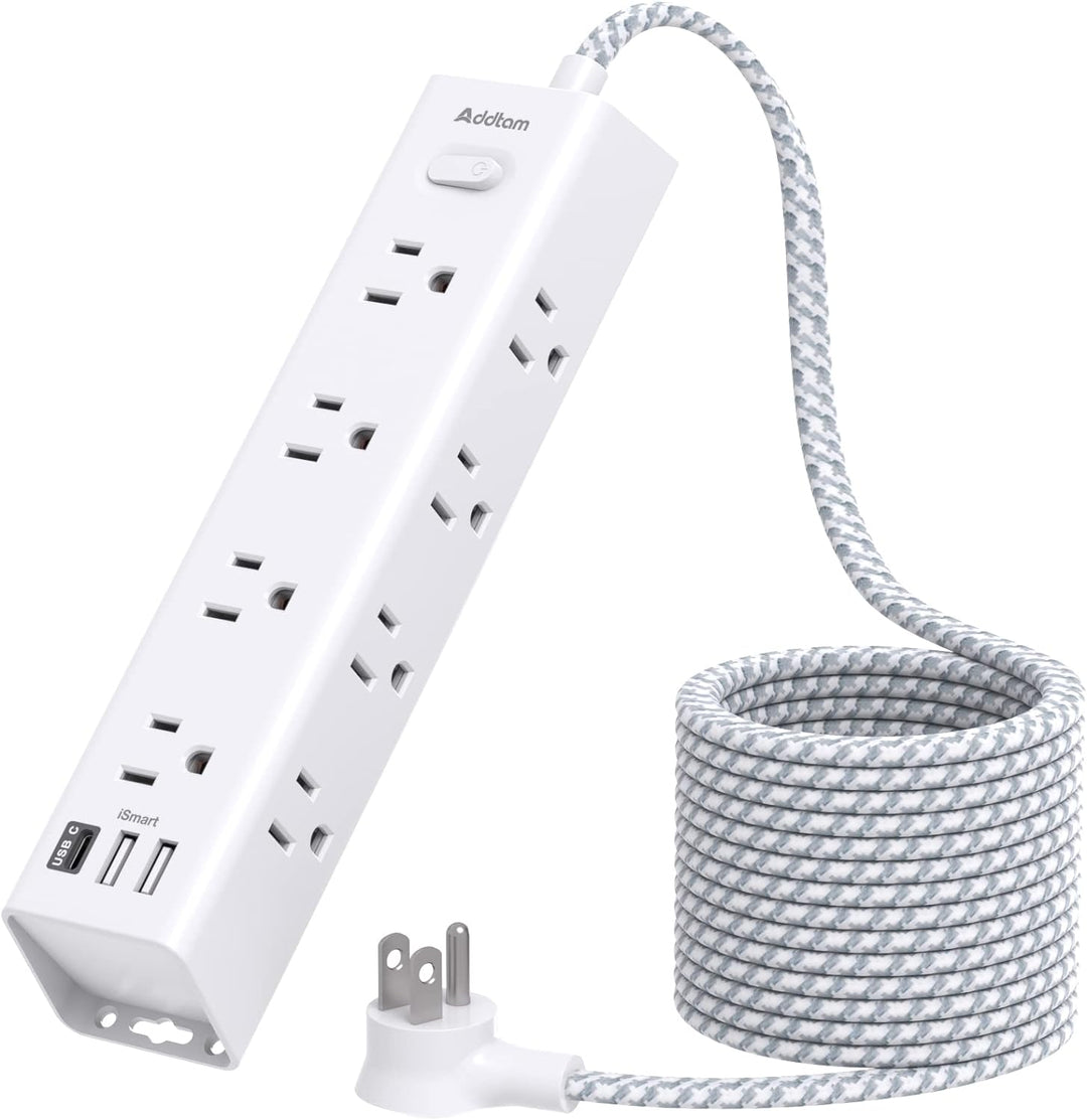 Overload Protector Flat Plug Power Strip 12 AC outlets 2USB 1 USBC 10FT