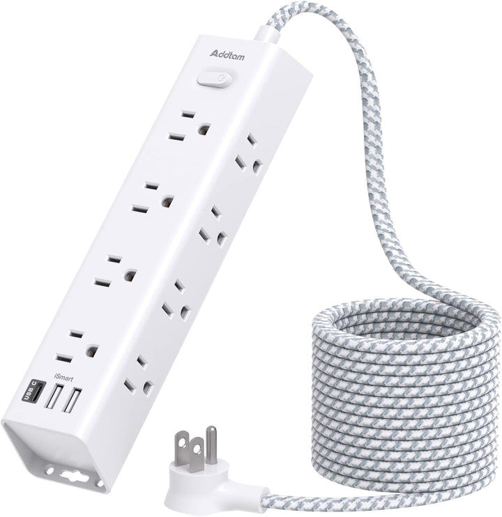 Overload Protector Flat Plug Power Strip 12 AC outlets 2USB 1 USBC 10FT