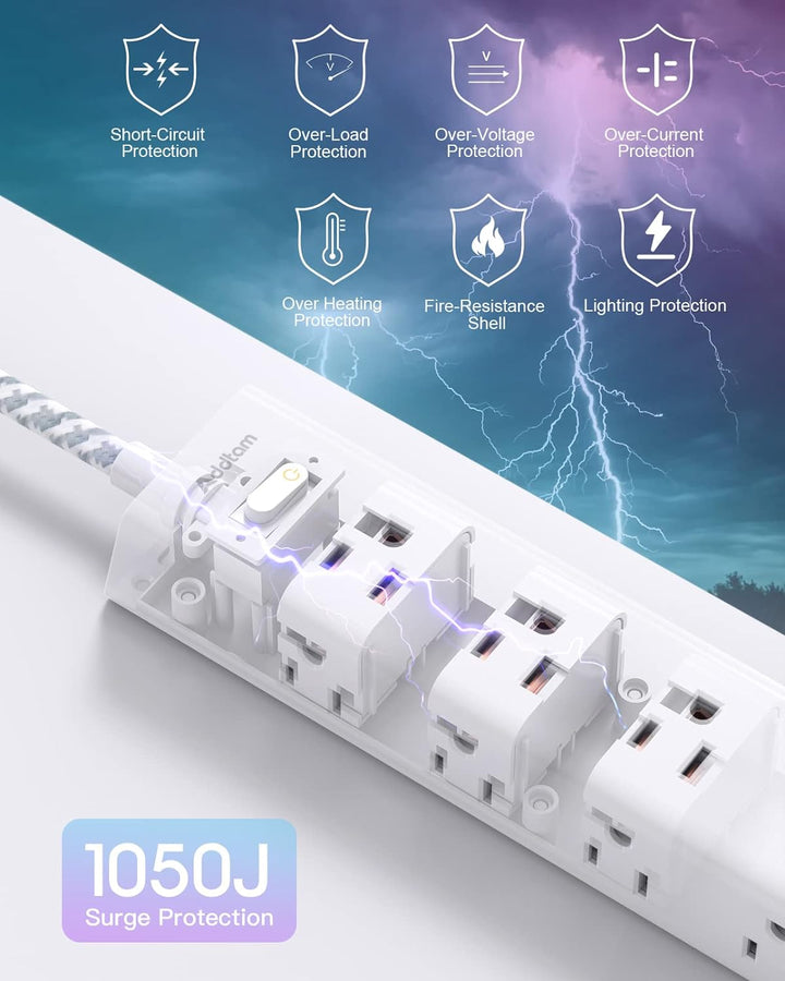 Overload Protector Flat Plug Power Strip 12 AC outlets 2USB 1 USBC 10FT