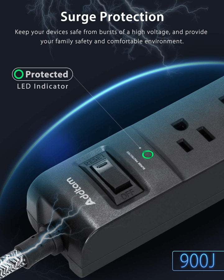 10 Ft Power Strip 5 Outlets 3 USB Ports Flat Plug Braided Extension Overload Surge Protection
