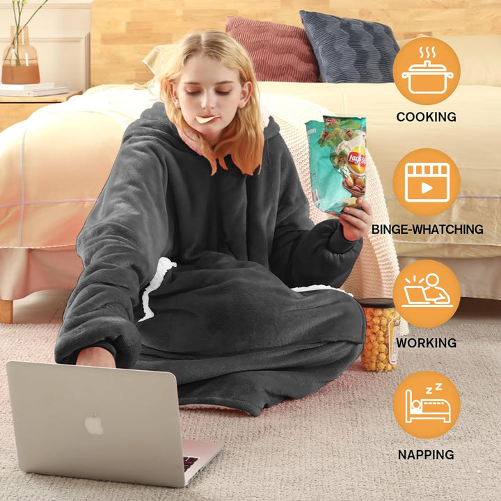 Oversized Blanket Hoodie - Long Length Wearable Sherpa Fleece Blanket Sweatshirt Hooded Blanket Sweatshirt