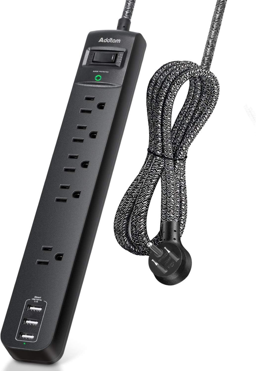 10 Ft Power Strip 5 Outlets 3 USB Ports Flat Plug Braided Extension Overload Surge Protection