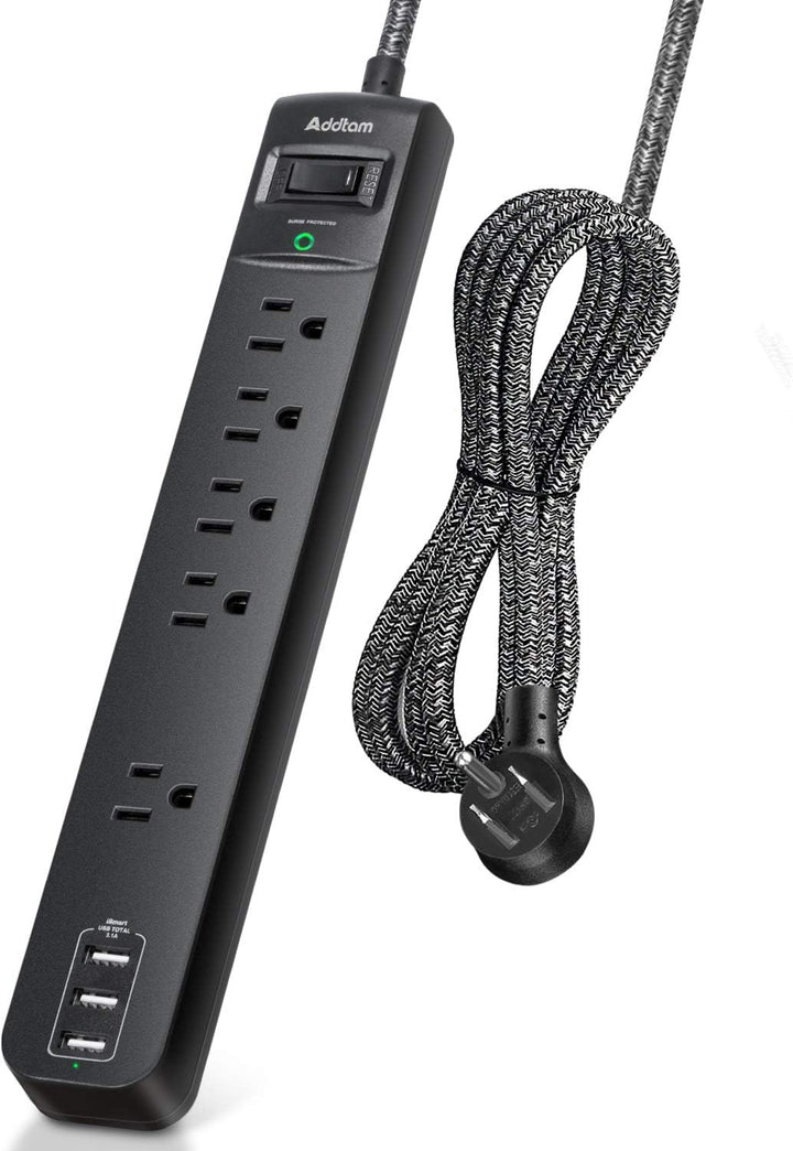 10 Ft Power Strip 5 Outlets 3 USB Ports Flat Plug Braided Extension Overload Surge Protection