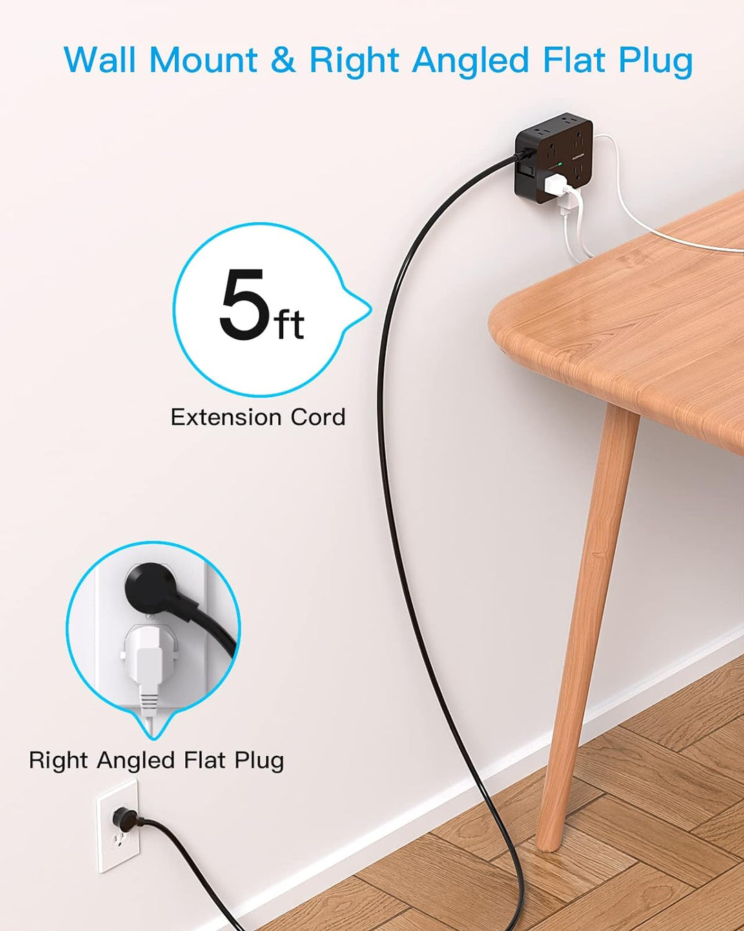 Surge Protector Power Strip - 8 Widely Outlets, 4 USB Charging Ports 5Ft Cord (BLACK)