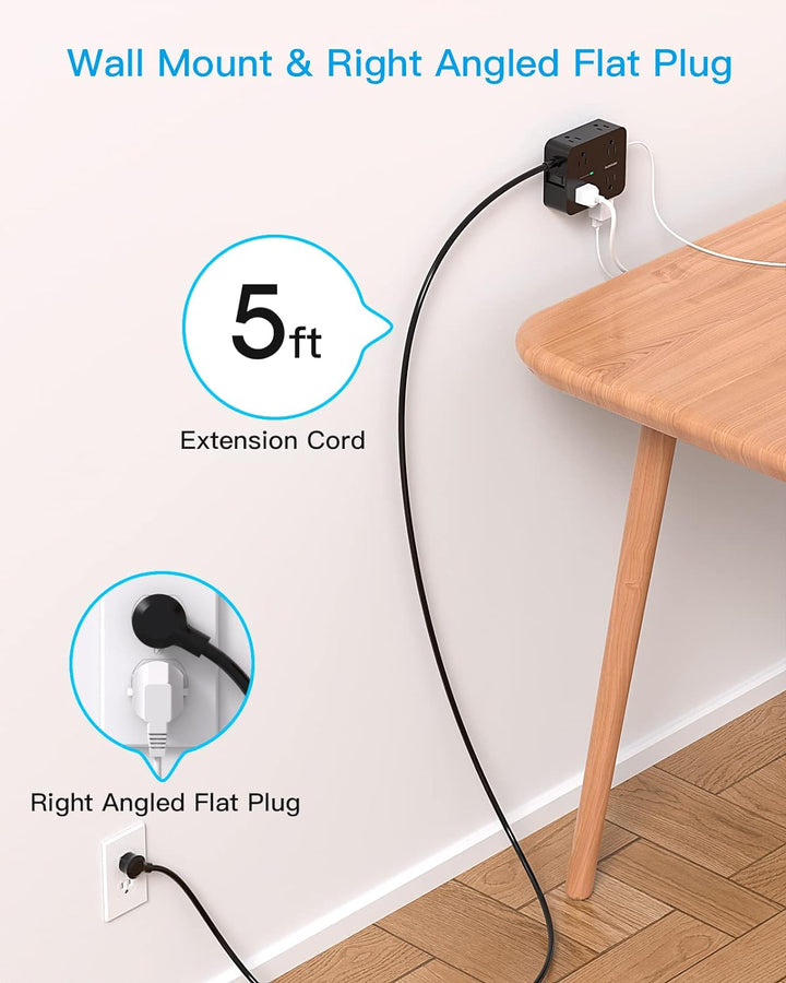 Surge Protector Power Strip - 8 Widely Outlets, 4 USB Charging Ports 5Ft Cord (BLACK)