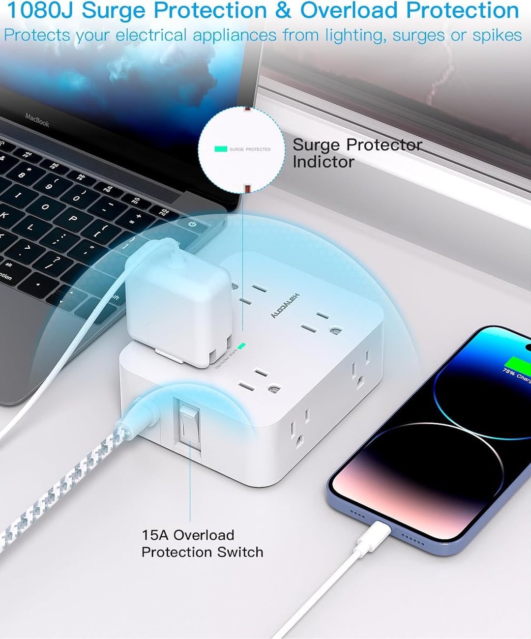 Surge Protector Power Strip - 8 Widely Outlets, 4 USB Charging Ports 5Ft Cord
