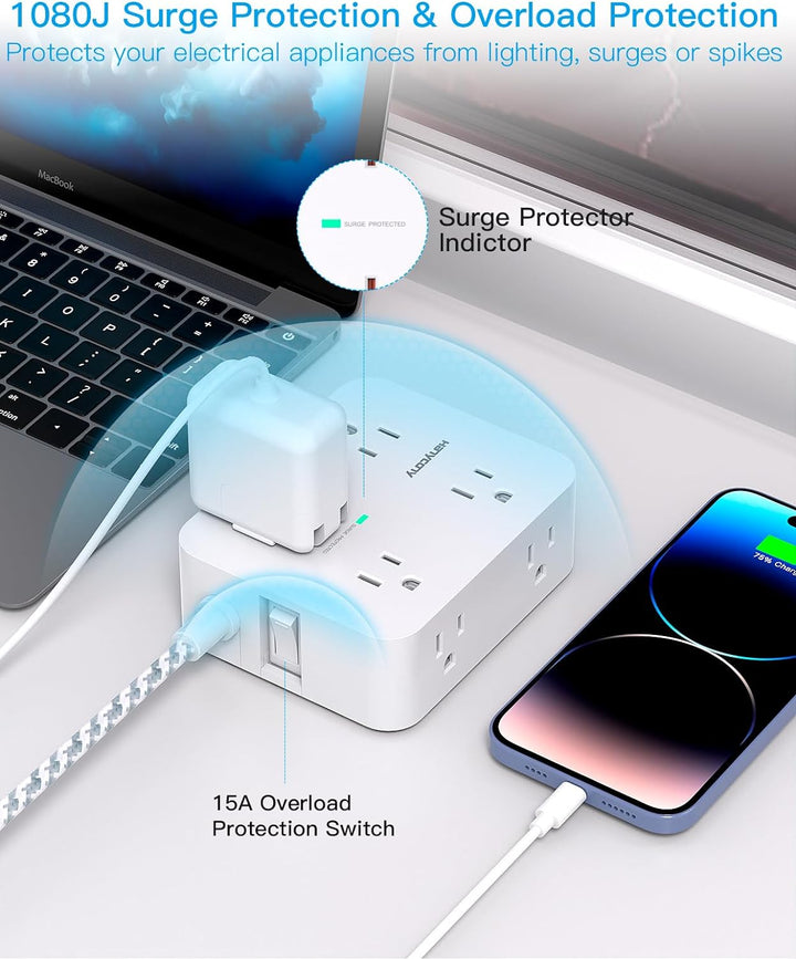 Surge Protector Power Strip - 8 Widely Outlets, 4 USB Charging Ports 5Ft Cord