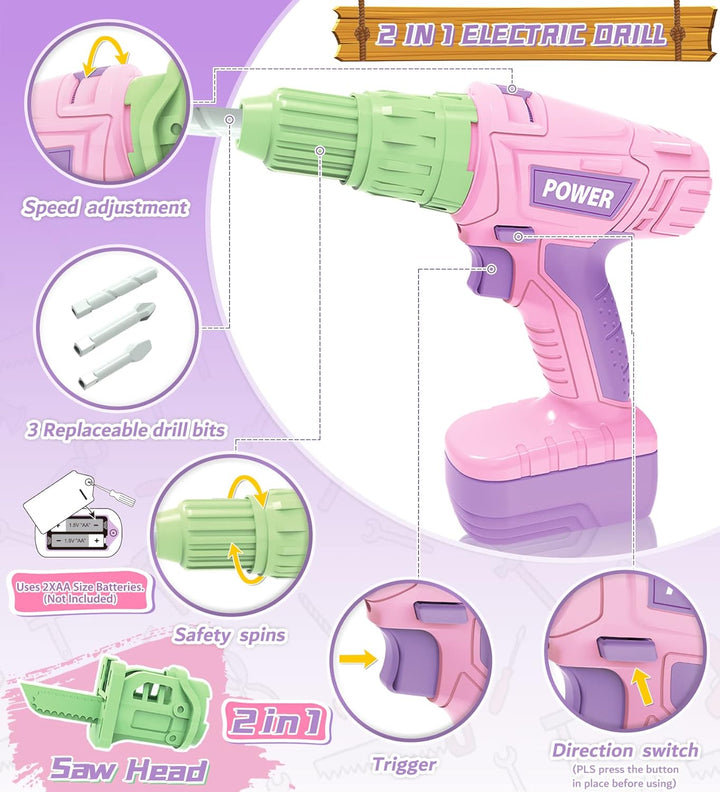 Kids Toddler Tool Set with Electric Toy Drill Tool Box Pretend Play Construction Toy Tools for Girls PInk