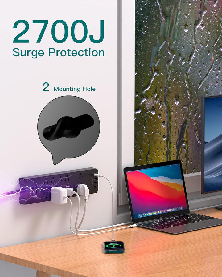 Surge Protector with 10 Outlets and 4 USB Ports, 6 Feet Extension w/ Flat Plug