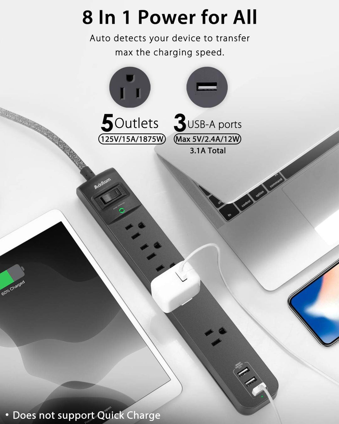 10 Ft Power Strip 5 Outlets 3 USB Ports Flat Plug Braided Extension Overload Surge Protection