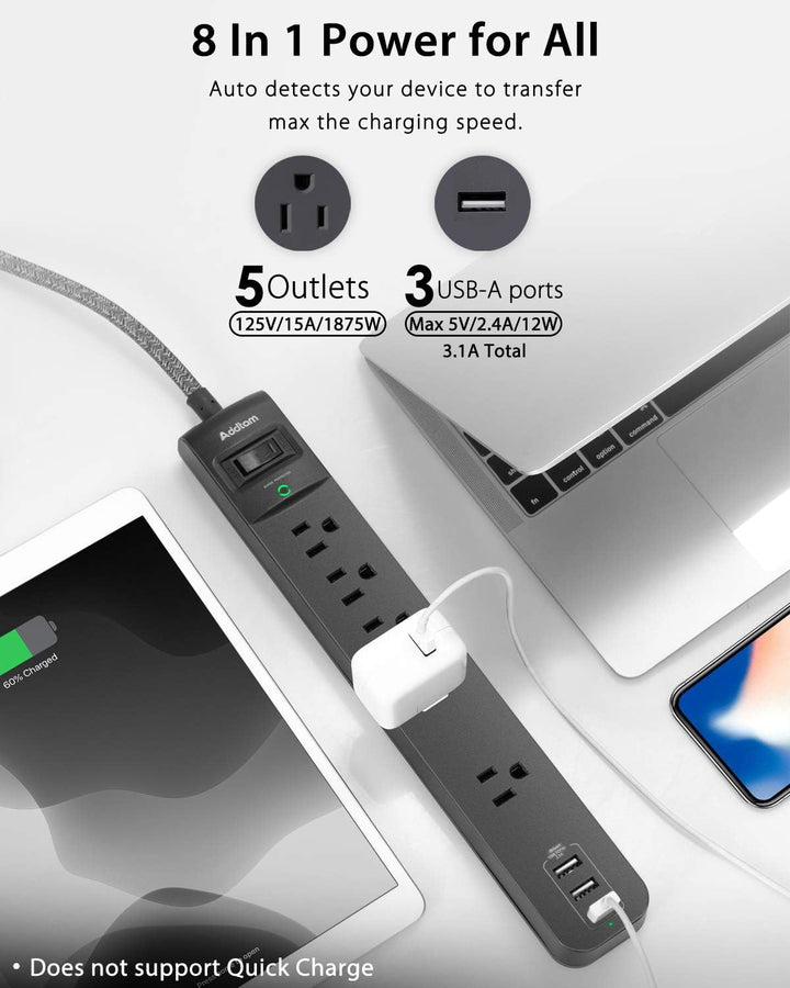 10 Ft Power Strip 5 Outlets 3 USB Ports Flat Plug Braided Extension Overload Surge Protection