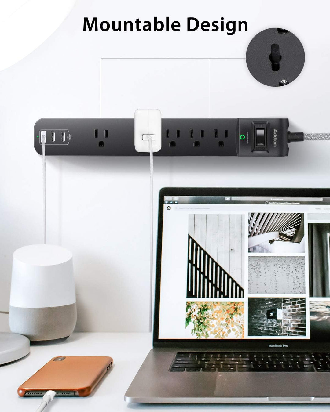 10 Ft Power Strip 5 Outlets 3 USB Ports Flat Plug Braided Extension Overload Surge Protection