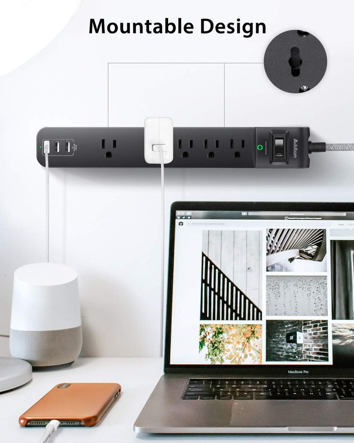 10 Ft Power Strip 5 Outlets 3 USB Ports Flat Plug Braided Extension Overload Surge Protection