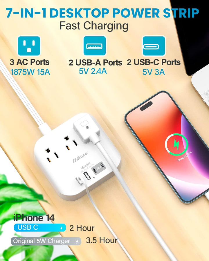 Flat Extension Cord, 5ft Ultra Flat Plug Power Strip - 3 Outlets 4 USB Ports (2 USB C