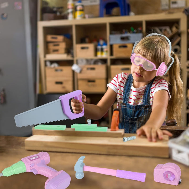 Kids Toddler Tool Set with Electric Toy Drill Tool Box Pretend Play Construction Toy Tools for Girls PInk