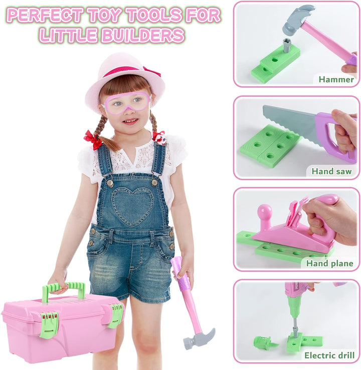 Kids Toddler Tool Set with Electric Toy Drill Tool Box Pretend Play Construction Toy Tools for Girls PInk