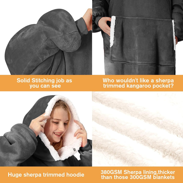 Oversized Blanket Hoodie - Long Length Wearable Sherpa Fleece Blanket Sweatshirt Hooded Blanket Sweatshirt