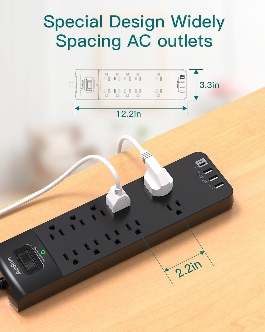 Surge Protector with 10 Outlets and 4 USB Ports, 6 Feet Extension w/ Flat Plug
