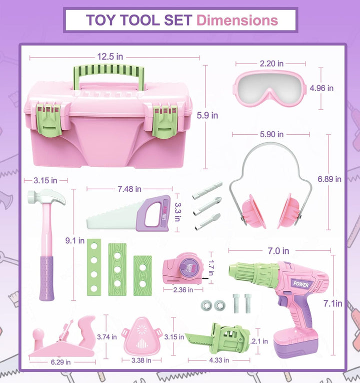 Kids Toddler Tool Set with Electric Toy Drill Tool Box Pretend Play Construction Toy Tools for Girls PInk